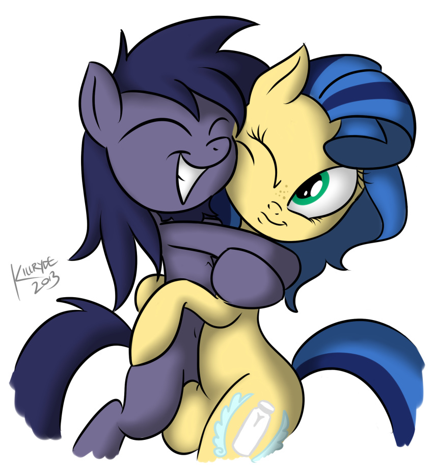 2013 big_breasts blue_hair breasts cute cutie_mark duo earth_pony equine eyes_closed fan_character female hair hi_res horse hug killryde male mammal milky_way_(character) multicolored_hair my_little_pony one_eye_closed pony smile teats two_tone_hair