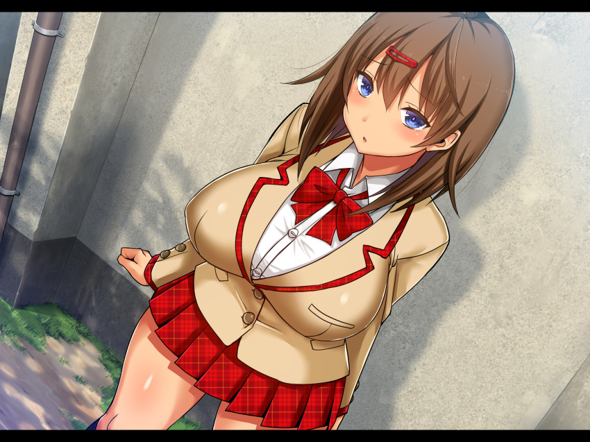 blue_eyes blush bow bowtie breasts brown_hair hair_ornament hairclip highres large_breasts looking_at_viewer original plaid plaid_skirt pleated_skirt red_bow red_skirt school_uniform shiny shiny_skin short_hair skirt solo tsukumiya_amane