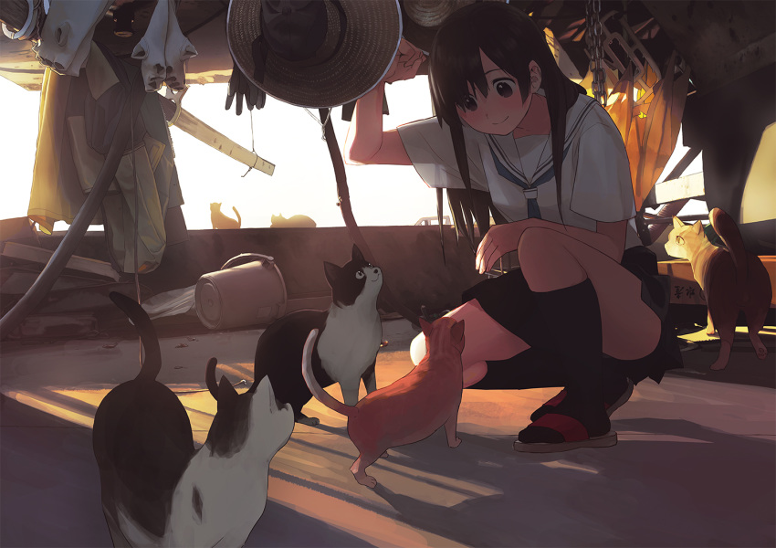 animal black_eyes black_hair cat chain hat kneehighs long_hair morifumi original seifuku skirt tie