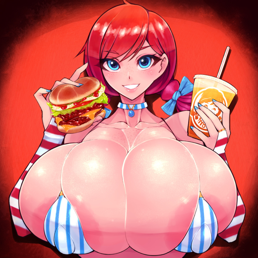 1girl absurdres blue_eyes breasts burger bursting_breasts drink food freckles gigantic_breasts highres jewelry necklace red_hair skindentation tokyokyoto twintails wendy's wendy_(wendy's)