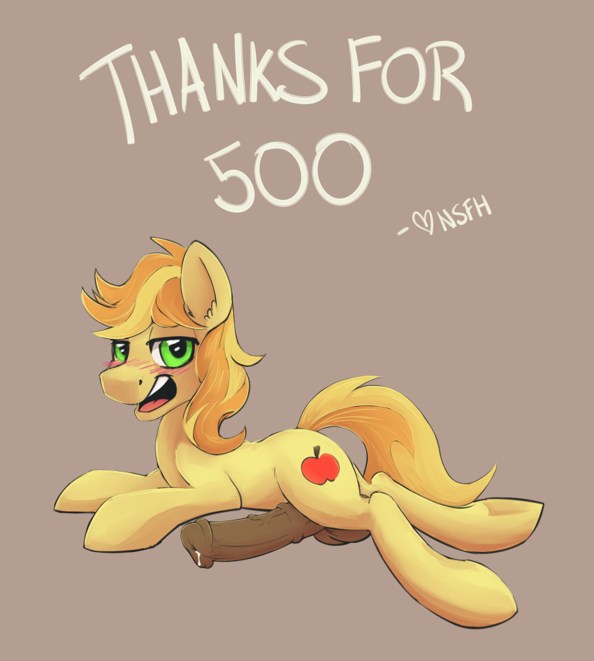 2014 animal_genitalia animal_penis balls blush braeburn_(mlp) earth_pony english_text equine equine_penis erection feral friendship_is_magic hi_res horse male mammal my_little_pony notsafeforhoofs penis pony precum smile solo text