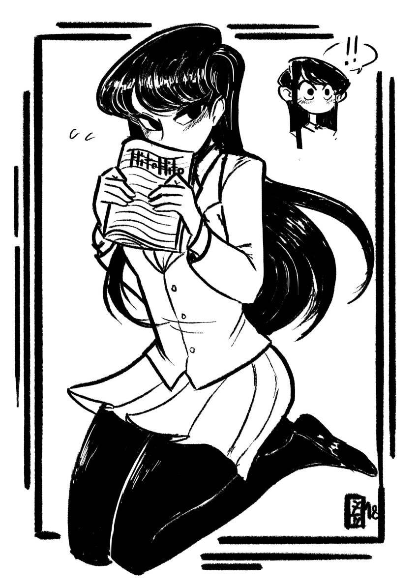 !! 1girl absurdres black_hair blazer chibi commentary flying_sweatdrops greyscale highres jacket komi-san_wa_komyushou_desu komi_shouko long_hair monochrome pantyhose pleated_skirt school_uniform scruffyturtles shy signature skirt spoken_exclamation_mark