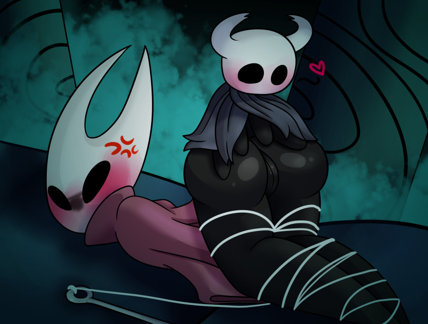 &lt;3 ambiguous_gender anger_vein black_eyes black_skin bound cloak clothing empty_eyes female female/ambiguous hollow_knight hollow_knight_(species) hornet_(hollow_knight) larger_female protagonist_(hollow_knight) pussy rosy_cheeks size_difference smaller_ambiguous yoshimister