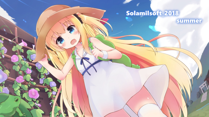 animal aqua_eyes blonde_hair blush dress fang flowers frog hat loli long_hair original solar_milk summer summer_dress thighhighs torii twintails waifu2x wristwear