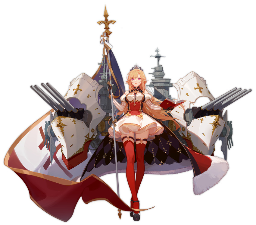 ask_(askzy) azur_lane bare_shoulders black_gloves blonde_hair book breasts closed_mouth eyebrows_visible_through_hair flag full_body gloves high_heels highres holding holding_book holding_flag large_breasts long_hair looking_at_viewer official_art open_book purple_eyes red_legwear richelieu_(azur_lane) skirt solo thighhighs transparent_background white_skirt