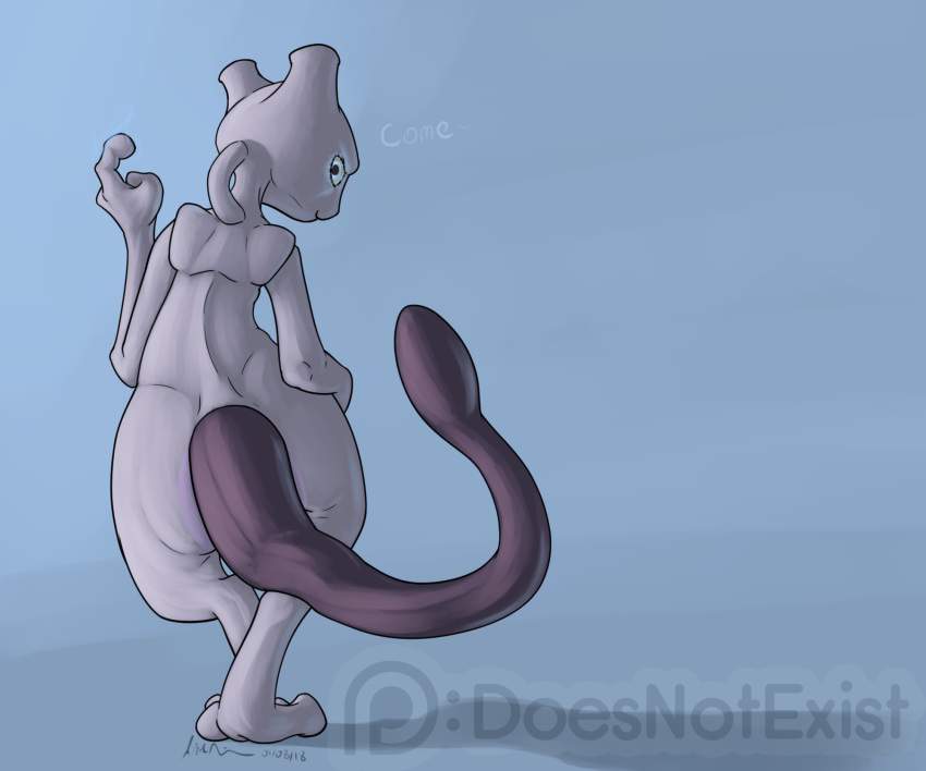 2018 ambiguous_gender beckoning blue_eyes digital_media_(artwork) fur glowing glowing_eyes grey_fur hi_res iorite legendary_pok&eacute;mon looking_at_viewer looking_back mewtwo nintendo pok&eacute;mon pok&eacute;mon_(species) purple_skin rear_view simple_background smile solo standing text theandymac video_games watermark wide_hips