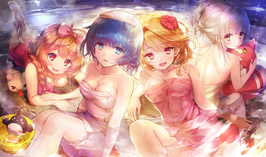 &gt;_&lt; :d animal bangs bare_arms bare_shoulders blue_eyes blue_hair blush bow braid breasts brown_hair character_request cleavage closed_eyes closed_mouth collarbone commentary_request ek_masato eyebrows_visible_through_hair flower hair_between_eyes hair_bow hair_flower hair_ornament hoshi_tanuki_(shironeko_project) light_brown_hair lying medium_breasts multiple_girls naked_towel night on_stomach open_mouth outdoors partially_submerged pink_bow red_eyes red_flower rouche_(shironeko_project) shironeko_project side_braid single_braid smile star tanuki tongue tongue_out towel towel_on_head washpan water