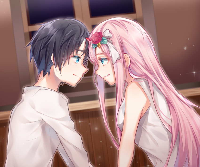 1boy 1girl bangs bare_shoulders black_hair blue_eyes blue_horns breasts closed_mouth commentary couple darling_in_the_franxx eyeshadow flower forehead-to-forehead from_side green_eyes hair_flower hair_ornament hetero highres hiro_(darling_in_the_franxx) horns koynoppanuch large_breasts long_hair looking_at_viewer makeup nightgown oni_horns pink_hair red_horns shirt short_hair sleeveless sleeveless_shirt spoilers white_nightgown white_shirt zero_two_(darling_in_the_franxx)