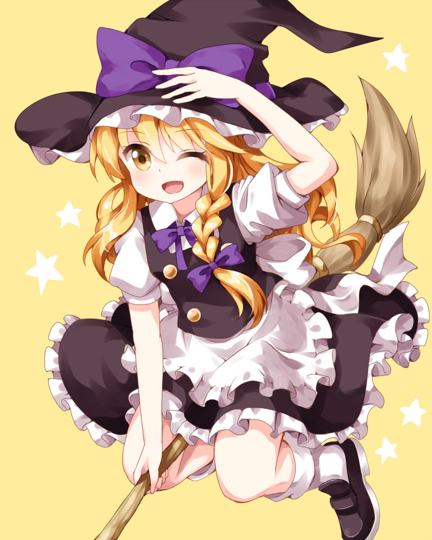 ;d apron arm_up bangs black_footwear black_hat black_skirt black_vest blonde_hair bow braid breasts broom broom_riding commentary_request eyebrows_visible_through_hair frilled_apron frills hair_between_eyes hair_bow hand_on_headwear hat hat_bow highres holding holding_broom kirisame_marisa long_hair neck_ribbon one_eye_closed open_mouth petticoat puffy_short_sleeves puffy_sleeves purple_bow purple_neckwear purple_ribbon ribbon ruu_(tksymkw) shoes short_sleeves simple_background single_braid skirt small_breasts smile socks_over_pantyhose solo star touhou vest waist_apron white_apron white_legwear wing_collar witch_hat yellow_background yellow_eyes