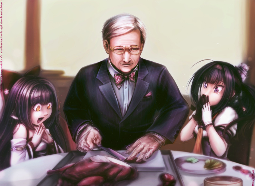 2girls akizuki_(kantai_collection) animal_ears artist_name azur_lane bird black_hair blurry bow bowtie brown_eyes commentary covering_mouth crossover david_mccallum depth_of_field donald_mallard duck english_commentary food glasses gloves green_eyes hachimaki hair_bow hair_ornament harutsuki_(azur_lane) headband highres kantai_collection long_hair long_sleeves melisaongmiqin multiple_girls namesake ncis object_namesake old_man open_mouth pun purple_eyes smile tearing_up trait_connection white_hair