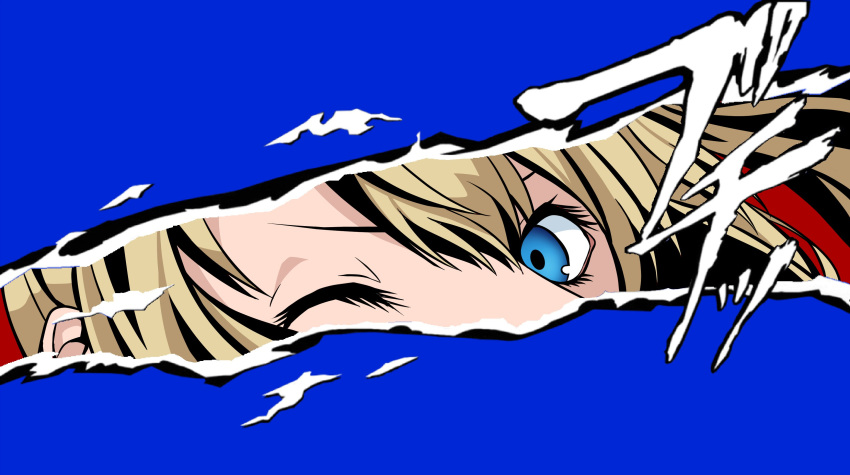 absurdres blonde_hair blue_background blue_eyes close-up commentary_request crossover eyelashes flat_color high_contrast highres kuze_arisa long_hair looking_at_viewer mirai_akari mirai_akari_project one_eye_closed parody persona persona_5 persona_eyes solo style_parody virtual_youtuber