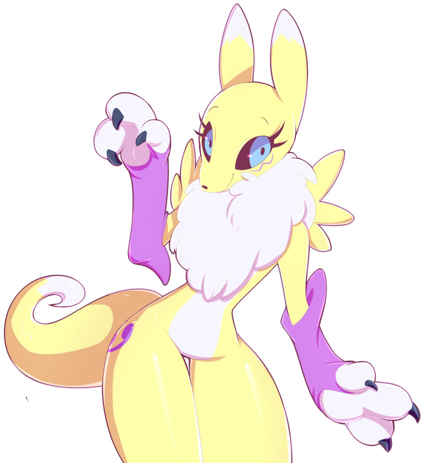 anthro canine clothing digimon eyelashes female fur gloves looking_at_viewer mammal mostly_nude multicolored_fur norithecat paws renamon simple_background white_background