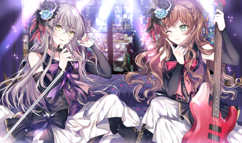;) bang_dream! bangs bass_guitar black_choker black_flower black_rose blue_flower blue_rose brown_hair choker commentary_request detached_sleeves dress earrings feathers flower green_eyes grey_hair hair_feathers hair_flower hair_ornament holding holding_instrument holding_microphone imai_lisa index_finger_raised instrument jewelry lace lace_choker long_hair looking_at_viewer microphone microphone_stand minato_yukina multiple_girls neck_ribbon nennen one_eye_closed purple_neckwear red_neckwear ribbon rose smile sparkle yellow_eyes
