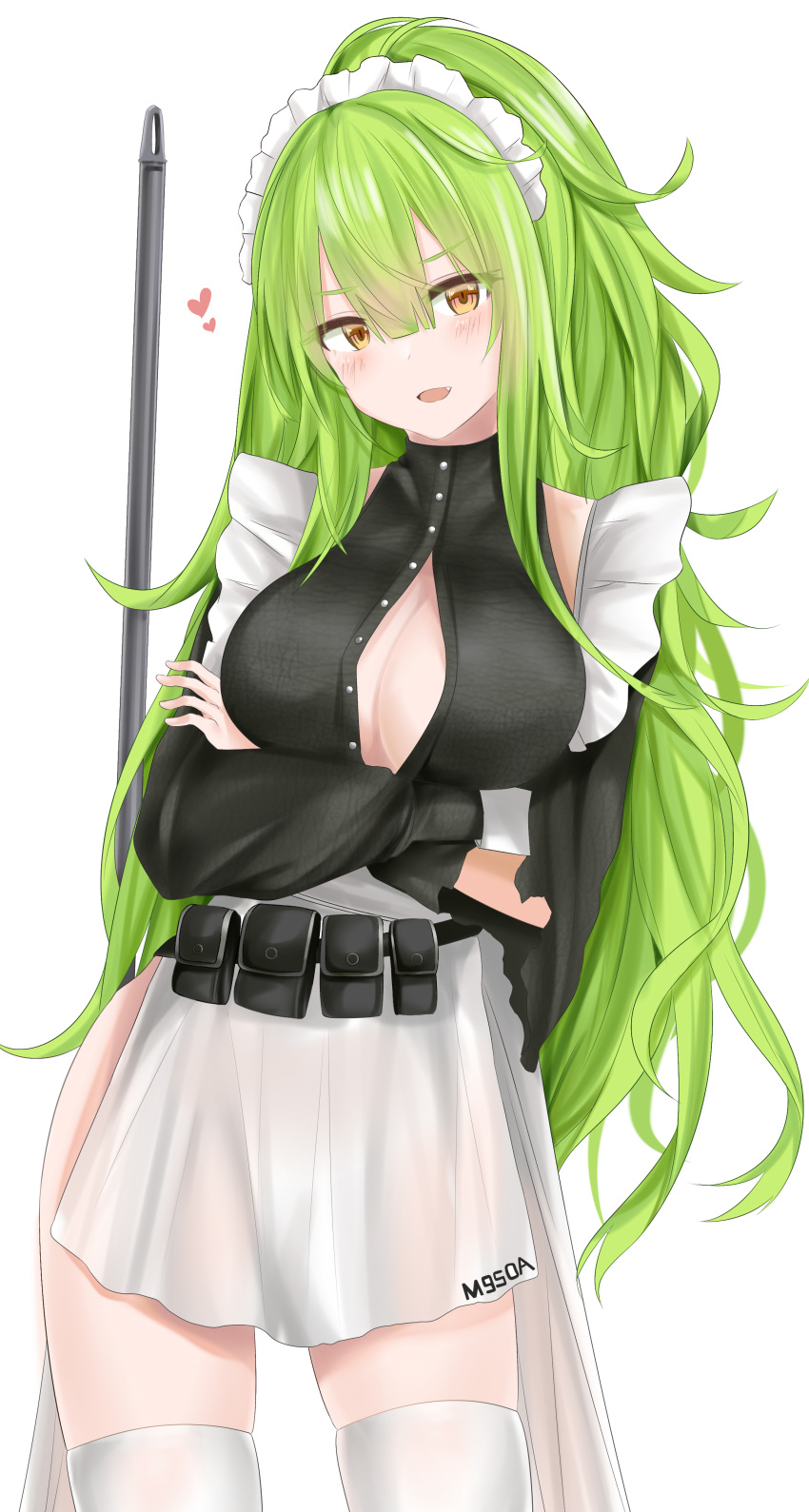 absurdres alternate_costume alternate_hairstyle apron bangs belt_pouch blush breasts broom buttons character_name cleavage commentary_request crossed_arms damaged detached_sleeves eyebrows_visible_through_hair flying_heart frills girls_frontline green_hair hair_between_eyes head_tilt highres long_hair looking_at_viewer m950a_(girls_frontline) maid maid_headdress medium_breasts messy_hair no_bra open_mouth partially_unbuttoned ponytail pouch ru_zhai shirt sidelocks simple_background skindentation sleeve_cuffs sleeveless sleeveless_shirt smile solo thighhighs thighs torn_clothes white_background white_legwear yellow_eyes