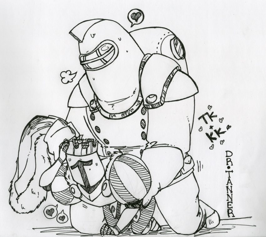 &lt;3 armor black_and_white clothed clothed_sex clothing dr.tanner duo helmet king_knight male male/male monochrome pencil_(object) sex shovel_knight signature simple_background speech_bubble steam sweat treasure_knight unknown_species