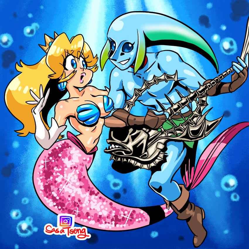 anthro blonde_hair breasts clothed clothing crown dcon ear_piercing female gloves guitar hair link male marine mario_bros merfolk monster_girl_(genre) musical_instrument nintendo piercing princess_peach seashell_bra skimpy split-form the_legend_of_zelda underwater video_games water zora