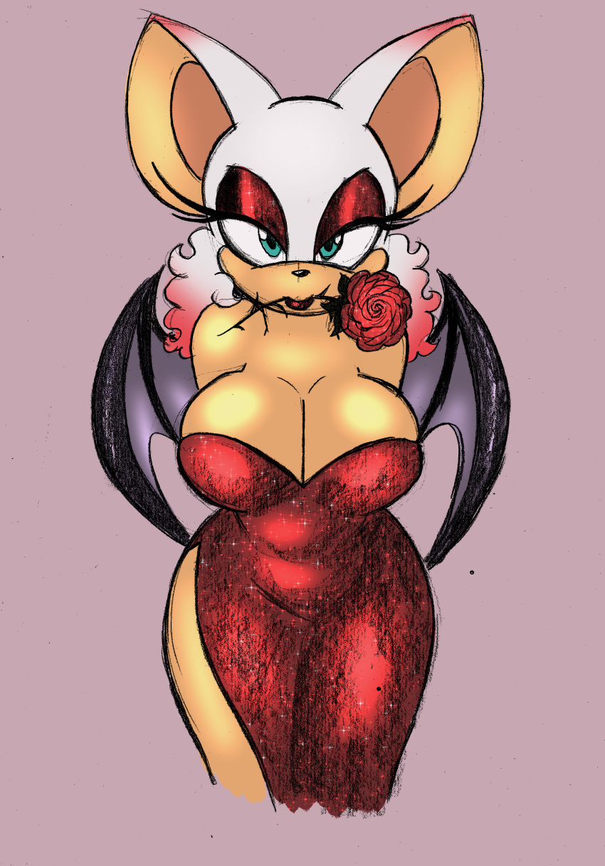 2018 anthro bat big_breasts black_nose breasts cleavage clothed clothing dress eyelashes eyeshadow female flower flower_in_mouth green_eyes grey_background half-closed_eyes hands_behind_back lipstick looking_at_viewer makeup mammal membranous_wings omegasunburst plant portrait rose_(flower) rose_in_mouth rouge_the_bat simple_background smile solo sonic_(series) three-quarter_portrait wings
