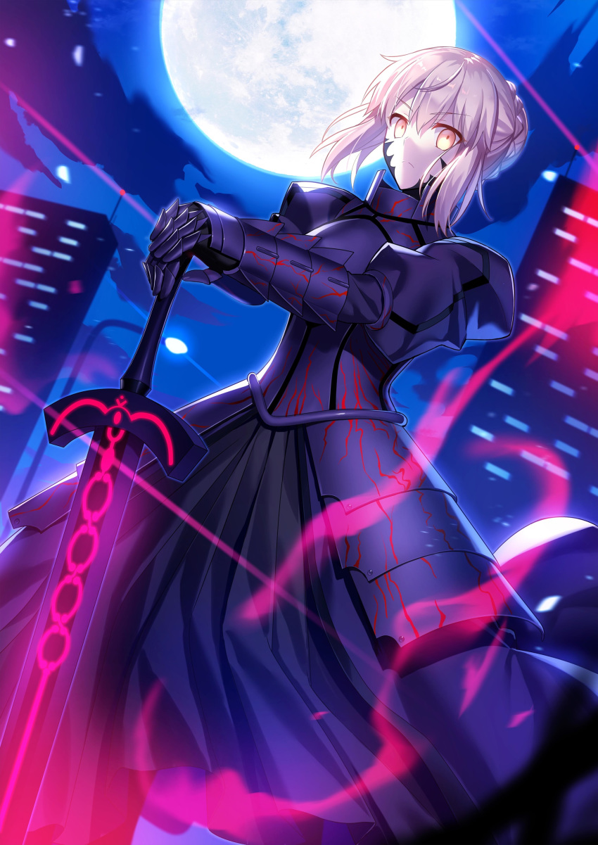 absurdres armor armored_dress artoria_pendragon_(all) black_dress braided_bun dark_excalibur dress dutch_angle eyebrows_visible_through_hair fate/stay_night fate_(series) from_below full_moon fuyuki_(neigedhiver) gauntlets hair_between_eyes hands_on_hilt highres looking_at_viewer moon night outdoors red_dress saber_alter sidelocks silver_hair solo standing tied_hair yellow_eyes