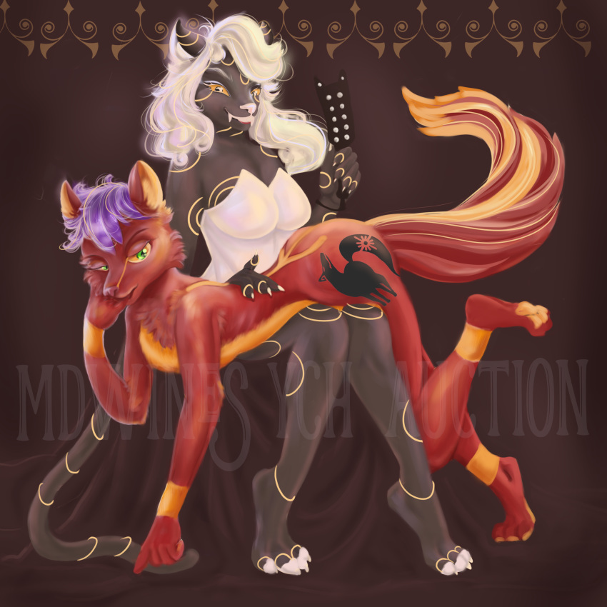 2018 anthro bdsm butt canine clothing corset design dog domination duo feline female fox fur hair lingerie long_tail male mammal mdwines mistress paws red_hair slap slave smaller_version_at_source submissive top watermark white_hair