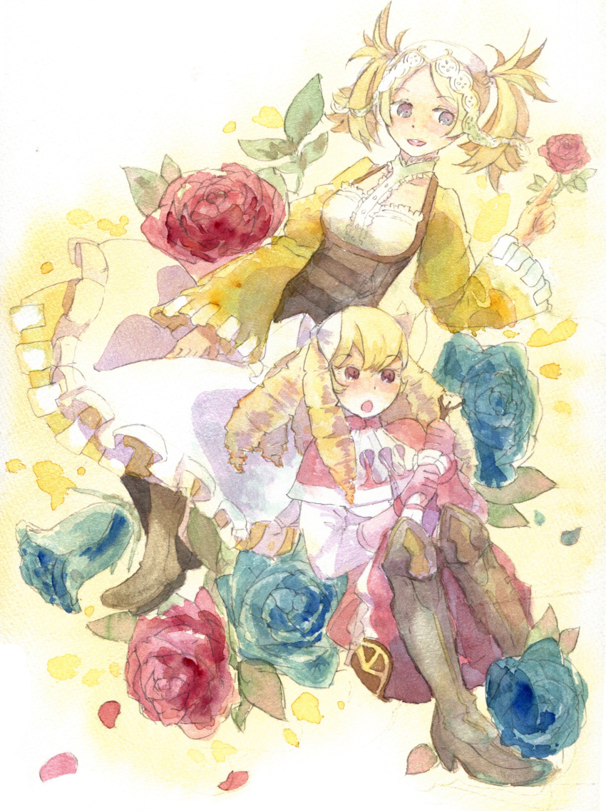 bad_id bad_tumblr_id blonde_hair blue_eyes boots dress drill_hair european_clothes fingerless_gloves fire_emblem fire_emblem:_kakusei floral_background flower gloves highres holding liz_(fire_emblem) mariabel_(fire_emblem) multiple_girls purple_eyes rose smile twin_drills twintails