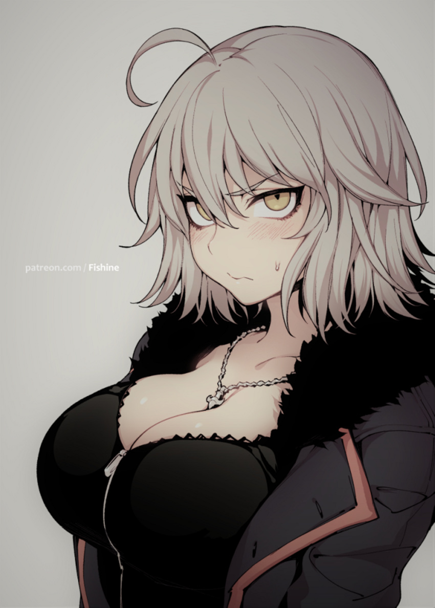 ahoge bangs black_shirt blush breasts cleavage commentary_request fate/grand_order fate_(series) fishine fur_trim grey_background grey_hair grey_jacket hair_between_eyes highres jacket jeanne_d'arc_(alter)_(fate) jeanne_d'arc_(fate)_(all) jewelry jpeg_artifacts large_breasts looking_at_viewer necklace open_clothes open_jacket patreon_username rating resized shirt short_hair solo upper_body upscaled wicked_dragon_witch_ver._shinjuku_1999 yellow_eyes