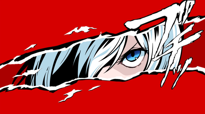 absurdres blue_eyes commentary_request dennou_shoujo_youtuber_shiro hair_over_one_eye highres kuze_arisa looking_at_viewer parody persona persona_5 persona_eyes red_background serious shiro_(dennou_shoujo_youtuber_shiro) virtual_youtuber white_hair