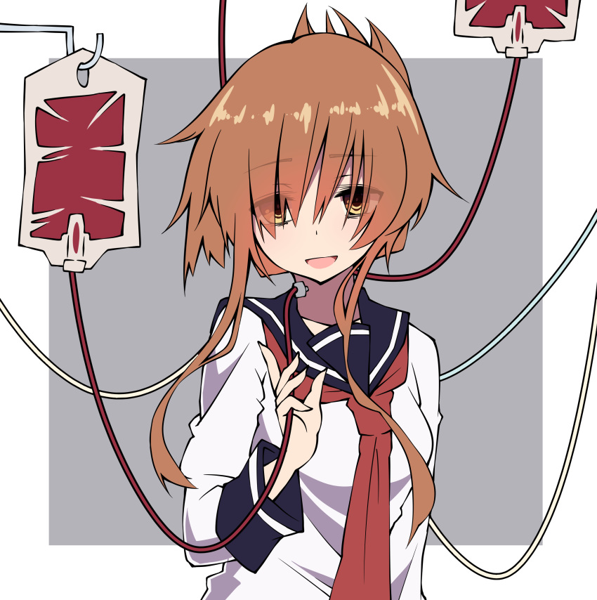 absurdres blood blood_bag breasts brown_eyes brown_hair commentary folded_ponytail hair_over_one_eye highres inazuma_(kantai_collection) intravenous_drip kantai_collection long_sleeves looking_at_viewer medium_breasts neckerchief older sakakiba_misogi school_uniform serafuku solo