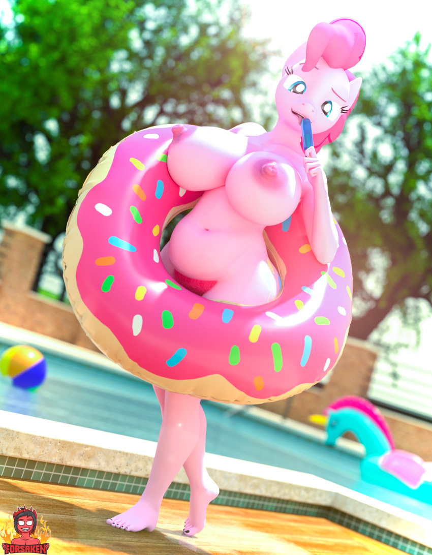 2018 3d_(artwork) areola ball beach_ball breasts digital_media_(artwork) earth_pony equine eyelashes feet female food forsaken_(artist) friendship_is_magic hair hi_res horse humanoid_feet licking mammal my_little_pony navel nipples outside pinkie_pie_(mlp) pony popsicle pubes solo tongue tongue_out tree water