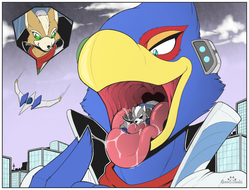 anthro arwing beak canine city clothed clothing falco_lombardi fox fox_mccloud macro male male_pred male_prey mammal nintendo open_mouth oral_vore s2-freak saliva star_fox tongue tongue_out video_games vore wolf wolf_o'donnell
