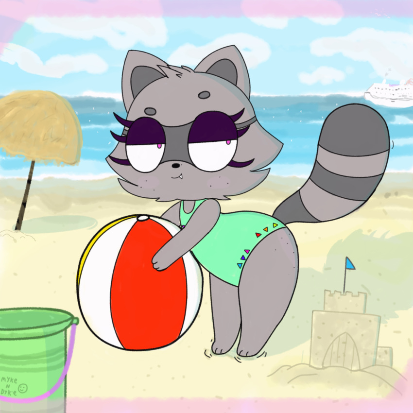 anthro ball beach beach_ball bucket clothed clothing dykie(mykendyke) female fur mammal mykendyke procyonid raccoon sand_castle sculpture sea seaside smile swimsuit water