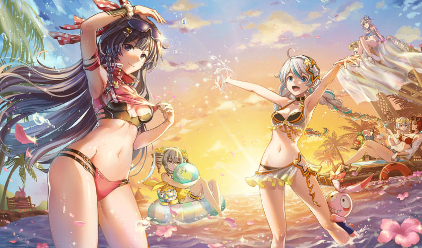 absurdres ahoge ai-chan_(honkai) bangs benghuai_xueyuan bikini black_hair blonde_hair blue_eyes braid breasts bronya_zaychik cleavage cloud commentary_request double_bun drill_hair eyewear_on_head flower fu_hua_(honkai_impact) hair_flower hair_ornament hairband highres honkai_impact horizon huge_filesize kallen_kaslana kiana_kaslana lifebuoy long_hair medium_breasts multi-strapped_bikini multicolored_hair multiple_girls murata_himeko myurumyuru navel ocean one-piece_swimsuit palm_tree petals pink_flower pink_hair purple_eyes raiden_mei red_bikini red_hair sarong silver_hair sky small_breasts smile stuffed_toy sun sunglasses sunset swimsuit theresa_apocalypse tied_hair tree twin_braids twin_drills two-tone_hair yae_sakura_(benghuai_xueyuan) yellow_swimsuit