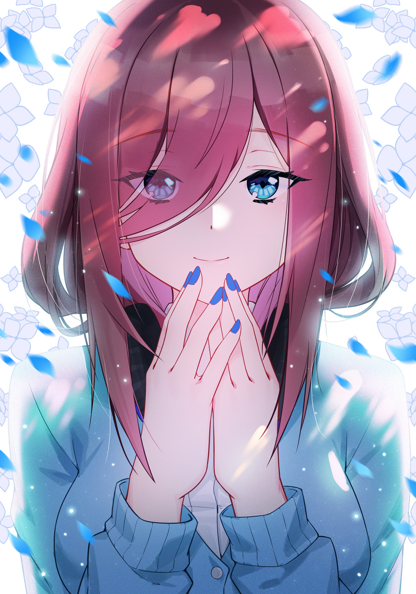 1girl blue_cardigan blue_eyes blue_flower blue_nails closed_mouth eyebrows_visible_through_hair eyes_visible_through_hair flower go-toubun_no_hanayome hair_over_one_eye hands_up headphones headphones_around_neck highres long_hair long_sleeves looking_at_viewer motion_blur nail_polish nakano_miku own_hands_together petals purple_hair simple_background smile solo upper_body white_background zhanzheng_zi