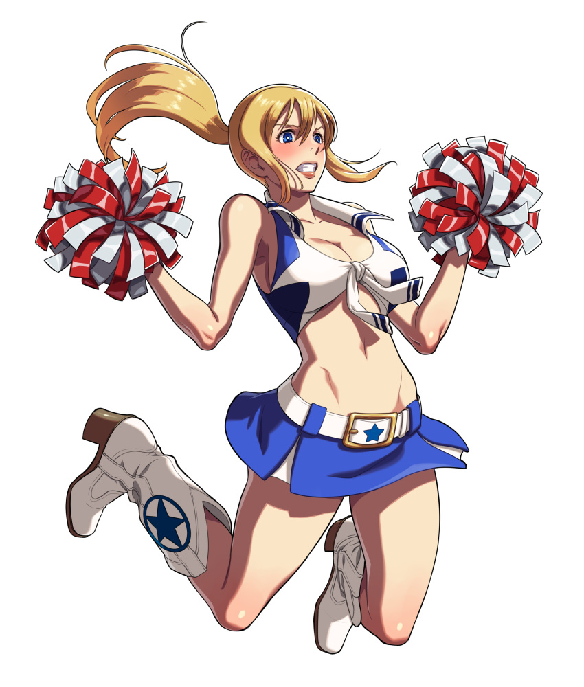 absurdres alternate_costume bare_shoulders belt blonde_hair blue_eyes blue_skirt boots breasts cheerleader cleavage clenched_teeth embarrassed full_body genderswap genderswap_(mtf) hair_between_eyes high_heel_boots high_heels highres large_breasts long_hair midriff miniskirt official_art ogura_eisuke pom_poms ponytail skirt snk_heroines:_tag_team_frenzy solo teeth terry_bogard white_background white_footwear