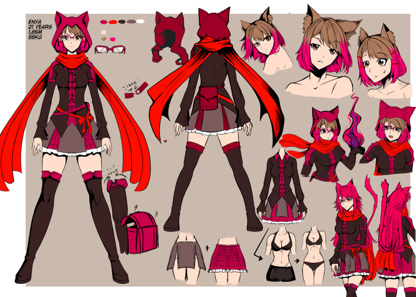 absurdres animal_ears animal_hood anime_coloring bangs black_footwear bob_cut boots breasts brown_eyes brown_hair burning_hand cat_ears cat_girl cat_hood cat_tail character_name character_sheet closed_mouth color_guide doors_studios english enya_yang fake_animal_ears frilled_skirt frills glasses hand_up highres hood hood_up legs_apart long_hair long_sleeves looking_at_viewer mage magic medium_breasts miniskirt multicolored_hair multiple_views original over-rim_eyewear pink_hair red_scarf scarf self_upload semi-rimless_eyewear short_hair skirt source_request standing stats swept_bangs tail thigh_boots thighhighs two-tone_hair variations