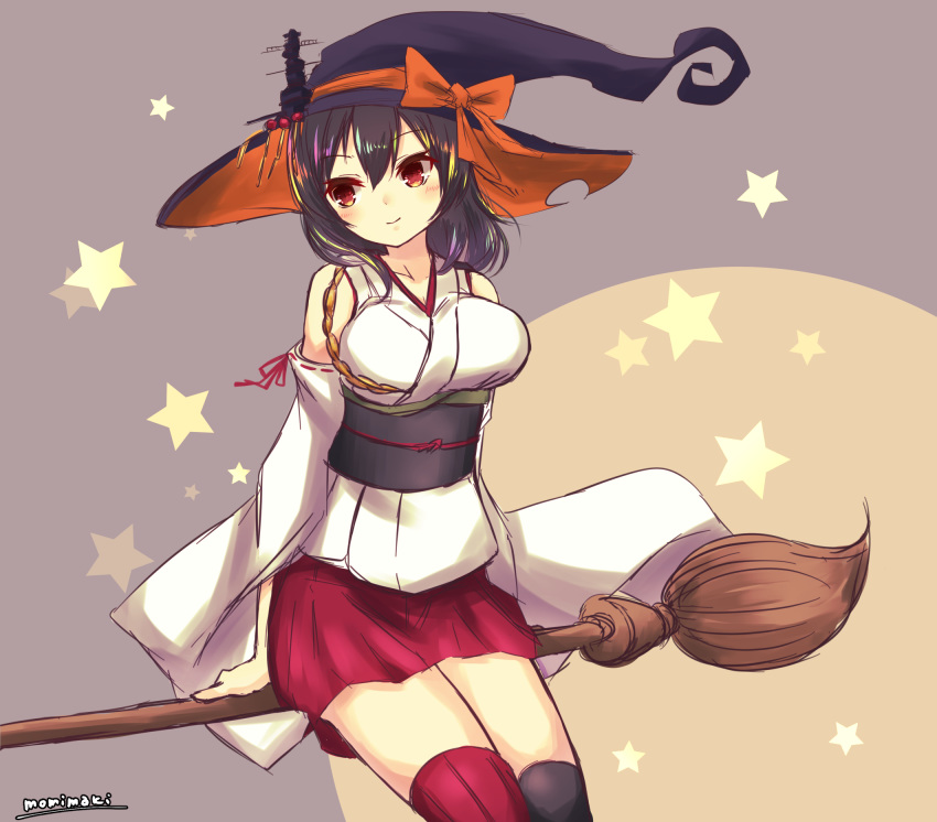 black_hair blush breasts broom broom_riding detached_sleeves hair_ornament hat highres kantai_collection large_breasts looking_at_viewer miniskirt momiji_(103) nontraditional_miko red_eyes red_skirt short_hair skirt smile solo star witch_hat yamashiro_(kantai_collection)
