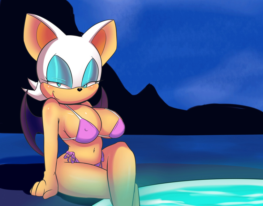 2018 absurd_res anthro bat big_breasts bikini black_nose breasts cleavage clothed clothing crossed_legs eyelashes eyeshadow female half-closed_eyes hi_res looking_at_viewer makeup mammal membranous_wings midriff navel nipple_bulge outside poolside rouge_the_bat scrabble007 sitting smile solo sonic_(series) swimming_pool swimsuit wings