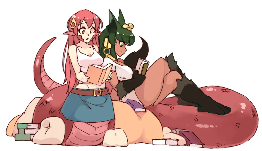 animal_ears anubis_(monster_girl_encyclopedia) belt black_hair book crossed_legs crossover full_body green_eyes green_hair jewelry lamia long_hair midriff miia_(monster_musume) monster_girl monster_girl_encyclopedia monster_musume_no_iru_nichijou multiple_girls open_mouth paws pillow pointy_ears profile reading red_hair rtil scales simple_background sitting sitting_on_person skirt tail tank_top white_background white_tank_top yellow_eyes
