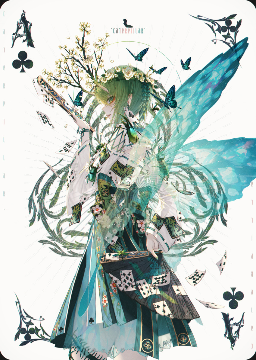 1girl bangs branch bug butterfly butterfly_wings card card_(medium) closed_fan commentary earrings fan flower folding_fan green_eyes green_hair hair_between_eyes hair_flower hair_ornament head_wreath highres holding insect jewelry looking_at_viewer original parted_lips profile simple_background solo standing wanke white_background wide_sleeves wings