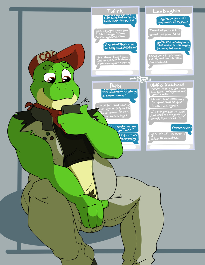 2019 amphibian anthro bulge clothing digital_media_(artwork) dirty_talk english_text frog hair hat hi_res jumpsuit male musclegut muscular muscular_male nintendo overweight penis pinup pose simple_background slightly_chubby slippy_toad smile solo star_fox sylvanedadeer text text_message torn_clothing video_games