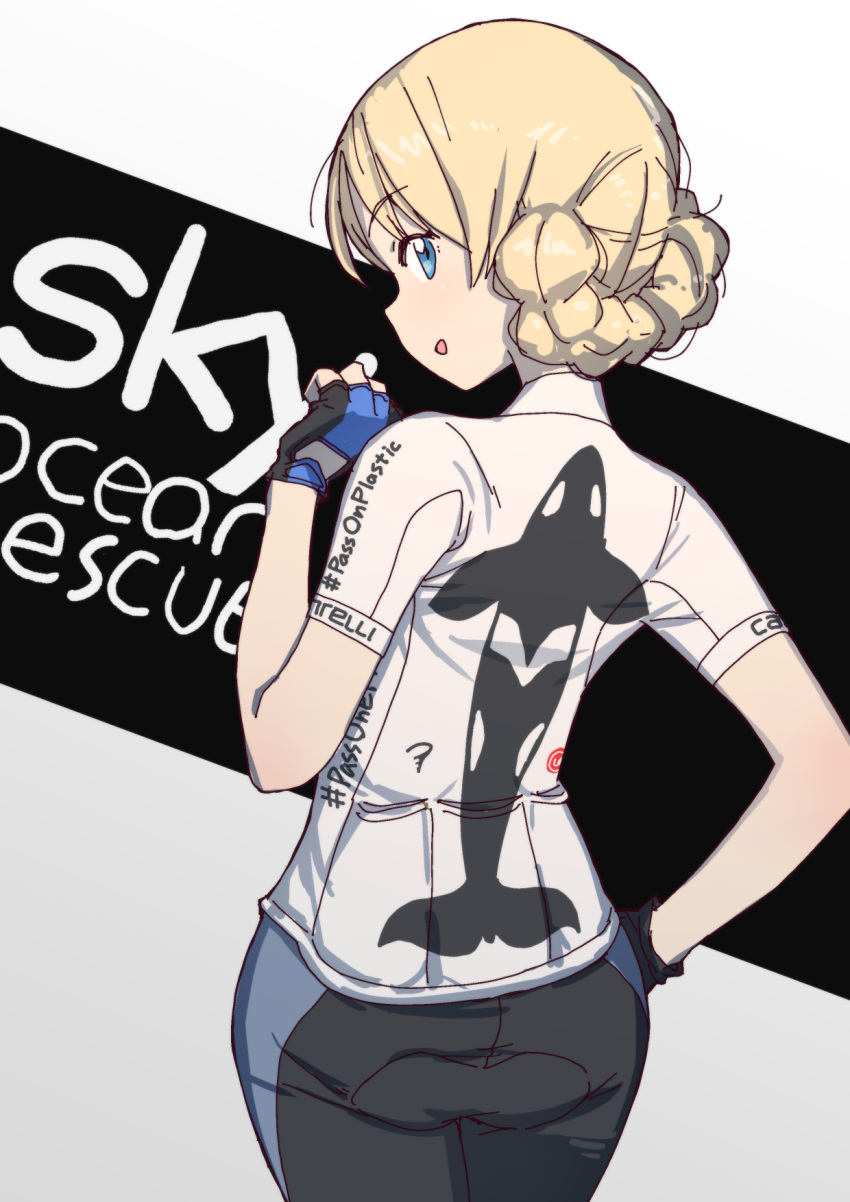 ass back bangs bike_jersey bike_shorts blonde_hair blue_eyes blue_gloves braid commentary_request cowboy_shot darjeeling eyebrows_visible_through_hair fingerless_gloves from_behind girls_und_panzer gloves hand_on_hip highres logo looking_at_viewer looking_back onsen_tamago_(hs_egg) open_mouth orca shirt short_hair short_sleeves smile solo standing team_sky tied_hair twin_braids white_shirt