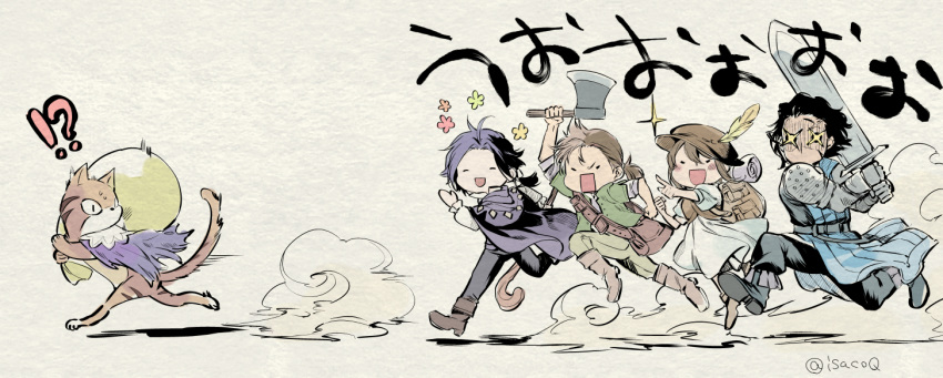 1girl 1other 3boys ahoge alfyn_(octopath_traveler) armor axe backpack bag bangs black_hair blush_stickers brown_hair cait_(octopath_traveler) cat chasing chibi cloak closed_eyes cyrus_(octopath_traveler) dress fleeing gift_bag greatsword hat hat_feather hatchet multiple_boys oboro_keisuke octopath_traveler olberic_eisenberg open_mouth pants parted_bangs pointing running shirt shoes short_hair short_ponytail shoulder_bag simple_background smile sparkle sparkling_eyes staff tressa_(octopath_traveler) twitter_username