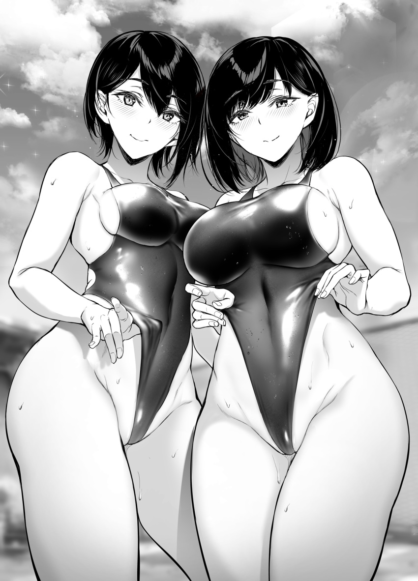 2girls bangs bare_arms bare_shoulders breasts closed_mouth cloud commentary_request competition_swimsuit contrapposto covered_navel cowboy_shot day eyebrows_visible_through_hair from_below gentsuki greyscale groin highleg highleg_swimsuit highres hip_bones large_breasts lifted_by_self looking_at_viewer looking_down medium_breasts monochrome multiple_girls one-piece_swimsuit original outdoors partially_visible_vulva short_hair sideboob skin_tight skindentation sky smile sweat swimsuit swimsuit_lift wide_hips