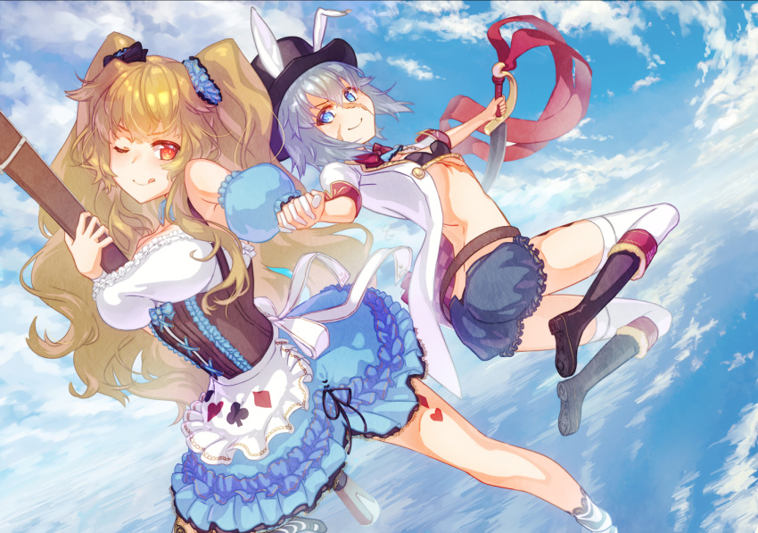 2girls alice_(wonderland) alice_(wonderland)_(cosplay) anne_bonny_(fate/grand_order) antique_firearm blunderbuss cosplay fate/grand_order fate_(series) firearm garutaisa gun halloween_costume licking_lips mary_read_(fate/grand_order) multiple_girls scar scimitar sky sword tongue tongue_out twintails weapon