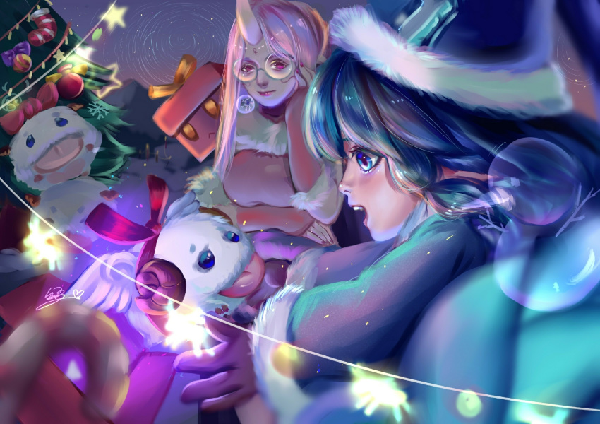 :d alternate_costume alternate_hair_color alternate_hairstyle amumu blue_eyes blue_hair blue_hat blurry_foreground candy candy_cane christmas_tree food fur_trim glass_ornament glasses gloves hand_on_own_cheek hand_up hat highres horn league_of_legends long_hair looking_at_viewer lulu_(league_of_legends) multiple_girls nail_polish open_mouth orb ornament pink_lips pink_nails poro_(league_of_legends) profile re-gifted_amumu smile soraka star tongue tongue_out winter_clothes winter_wonder_lulu yaozi_(scorpion) yordle