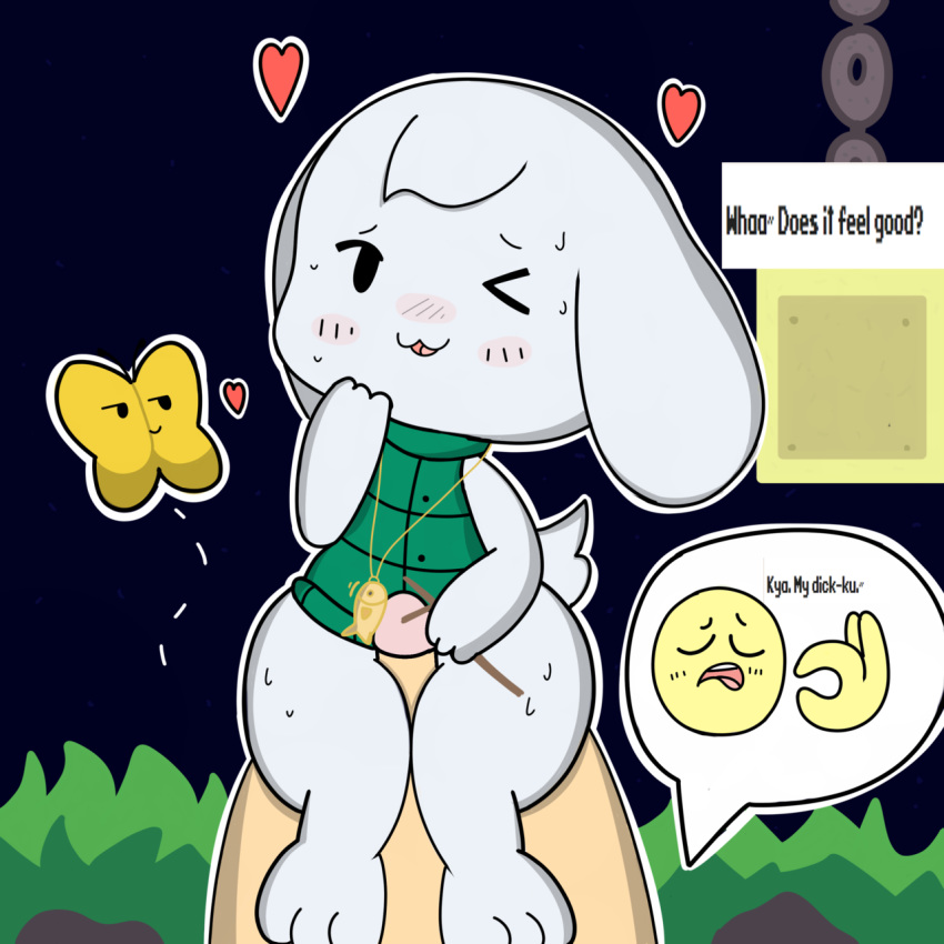 &lt;3 anthro arthropod blush bottomless butterfly cave_story clothed clothing female fur insect lagomorph male male/female mammal mimiga mykendyke ok_sign penis sex shirt sitting smile sweat toes toroko video_games white_fur