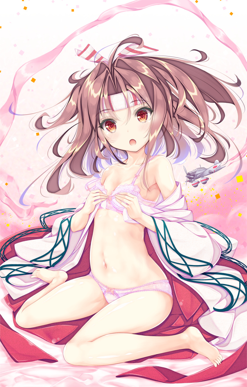:o aircraft airplane armpits bangs bare_legs bare_shoulders barefoot blush bow bow_bra bow_panties bra breasts brown_eyes brown_hair collarbone commentary_request d3a eyebrows_visible_through_hair fingernails flying hachimaki hair_between_eyes hands_up head_tilt headband highres japanese_clothes kantai_collection kimono long_hair long_sleeves looking_at_viewer navel off_shoulder open_clothes open_mouth panties pink_bra pink_panties pink_ribbon red_eyes ribbon shiny shiny_skin sitting small_breasts solo strap_slip tenmu_shinryuusai underwear wariza white_kimono wide_sleeves zuihou_(kantai_collection)