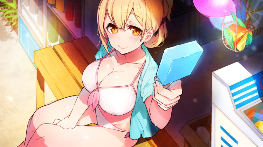 bangs bikini blonde_hair blue_shirt blunt_bangs blush breasts cleavage collarbone commentary_request day end_card eyebrows_visible_through_hair fingernails folded_ponytail food front-tie_top holding holding_food large_breasts long_hair looking_at_viewer mika_pikazo navel open_clothes open_shirt orange_eyes outdoors popsicle shirt short_sleeves sitting smile sunohara_ayaka sunoharasou_no_kanrinin-san swimsuit wet white_bikini yellow_eyes