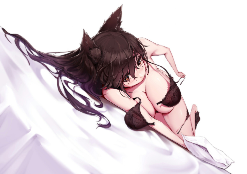 animal_ears atago_(azur_lane) azur_lane bangs bare_arms bare_shoulders black_bra black_legwear black_panties blush bra breasts brown_eyes brown_hair cleavage closed_mouth collarbone commentary eyebrows_visible_through_hair eyelashes full_body hair_between_eyes heart heart-shaped_pupils highres holding_strap lace lace_bra lace_panties large_breasts lingerie long_hair looking_at_viewer lying mole mole_under_eye on_side open_bra panties pantyhose pantyhose_around_one_leg side-tie_panties solo stz-xp symbol-shaped_pupils underwear underwear_only undressing unfastened untied untied_panties