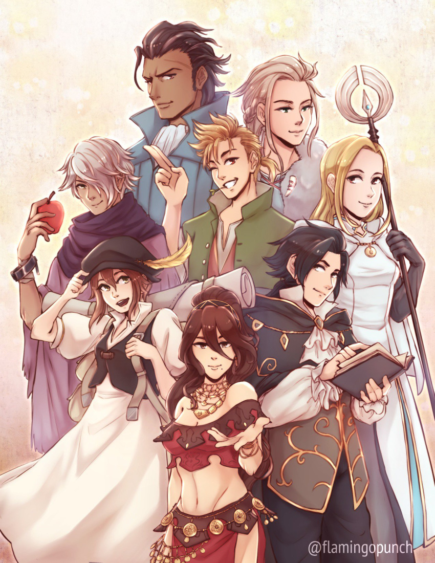 4girls alfyn_(octopath_traveler) armor bag bandages blonde_hair book bracelet braid brown_hair cape cyrus_(octopath_traveler) dancer dress everyone fingerless_gloves flamingo_(eme324) gloves green_eyes h'aanit_(octopath_traveler) hair_over_one_eye hat highres jewelry long_hair looking_at_viewer multiple_boys multiple_girls necklace octopath_traveler olberic_eisenberg open_mouth ophilia_(octopath_traveler) primrose_azelhart scar short_hair simple_background smile staff therion_(octopath_traveler) tressa_(octopath_traveler) weapon white_hair yellow_eyes