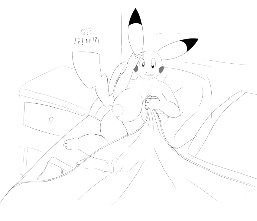 anthro bed bed_sheet bedding big_breasts black_and_white breasts female gender_transformation greyscale invalid_tag monochrome nintendo nude pikachu pok&eacute;mon pok&eacute;mon_(species) post_transformation shocked short shortstack sketch slightly_chubby thick_thighs times transformation video_games